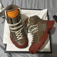 Brand New , Never Worn Size 36.5 So Designer Low-top Boots With Leather Sole, Designer Leather Low-top Boots, Designer Lace-up Boots For Streetwear, Designer Orange Sneakers, Casual Gucci Leather Boots, Gucci Boots, Moto Boots, Gucci Shoes, Gucci