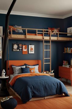 a bedroom with blue walls and orange bedding in the corner, along with bunk beds