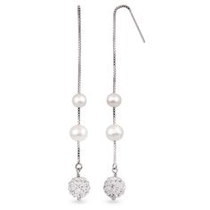 Raise the fashion bar with these stylish pearl threader earrings. Created in sterling silver, each dazzling drop features lustrous 5.0-5.5mm and 6.0-6.5mm cultured freshwater pearls suspended along a length of box chain. An 8.0mm ball sparkling with petite crystals punctuates the look. Polished to a bright shine, these earrings secure with threader backs. Adjustable Linear Elegant Earrings, Silver Linear Earrings With Pearl Drop, Sterling Silver Threader Earrings With Pearl Drop, Dainty Silver Linear Earrings With Pearl Drop, Elegant Long Drop Hypoallergenic Threader Earrings, Elegant Silver Hypoallergenic Linear Earrings, Elegant Silver Linear Hypoallergenic Earrings, Elegant Hypoallergenic Silver Linear Earrings, Elegant Sterling Silver Drop Threader Earrings