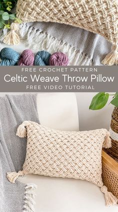 the crochet pattern for celtic weave throw pillow is shown in three different colors