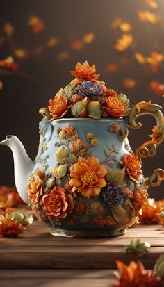 a tea pot with flowers painted on it