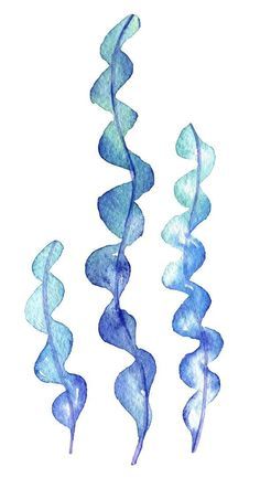 three blue swirls are shown in this watercolor painting on white paper, each one is