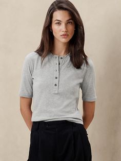 Elbow-Sleeve Cotton Henley | Banana Republic Factory Classic Cotton Henley For Spring, Spring Relaxed Fit Henley For Everyday, Relaxed Fit Henley For Spring Loungewear, Spring Henley With Relaxed Fit For Loungewear, Spring Henley In Relaxed Fit For Loungewear, Henley Neckline Tops For Spring Everyday Wear, Spring Crew Neck Henley For Everyday, Spring Henley Crew Neck For Everyday Wear, Everyday Spring Henley With Crew Neck