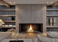 a living room filled with furniture and a fire place in the middle of it's wall