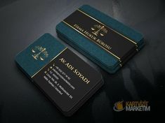 two business cards with gold and blue accents