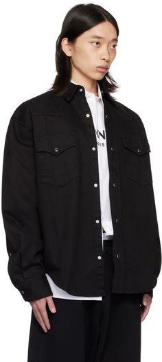 Heavyweight non-stretch denim shirt. · Spread collar · Press-stud closure · Flap pockets at chest · Shirttail hem · Single-button barrel cuffs Supplier color: Black Classic Streetwear Shirt With Snap Buttons, Oversized Denim Shirt, Faded Denim, Pocket Shirt, Press Studs, Denim Shirt, Flap Pocket, Stretch Denim, Short Sleeve Shirt