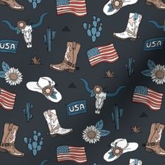 an american flag and cowboy boots pattern on a black background