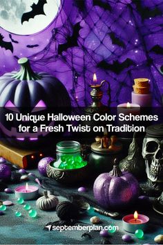 10 Unique Halloween Color Schemes for a Fresh Twist on Tradition Purple Halloween Aesthetic, Purple And Orange Halloween Aesthetic, Purple And Green Halloween, Purple Green Orange Halloween Decor, Halloween Decorations Purple And Black, Unique Color Schemes, Gold Graduation Decorations, Fall Bridal Shower Decorations, Orange And Purple Halloween Lights