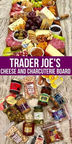 the cover of trader joe's cheese and charcuterie board is shown in purple