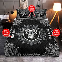 oakland football bedding set with personalized name and team logo on black quilted bedspread