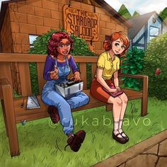 two women sitting on a bench in front of a small wooden building with a sign that says the straddle saloon