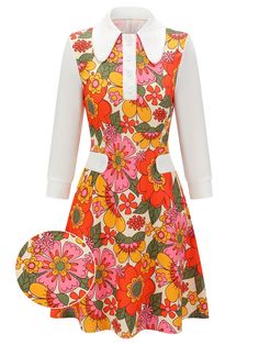 Orange 1960s Lapel Flowers Patchwork Dress – Retro Stage - Chic Vintage Dresses and Accessories Lapel Flowers, Style Vert, Retro Stage, Style Année 60, Lapel Flower, Standard Dress, 1960's Dress, Fashion Board, Patchwork Dress