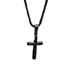 Men's Cross Necklace Back Stainless Steel Medium Cross on Venetian Round Box Chain Chain: 2mm Venetian Round Box. 22" Chain: Black Powder Coated 316L Stainless Steel Pendant: 15mm x 25mm Pendant: Black Powder Coated 316L Stainless Steel Clasp: Lobster Made in United States Black Stainless Steel Chain Necklace As Gift, Black Stainless Steel Chain Necklace For Gifts, Black Spiritual Chain Necklace, Spiritual Black Chain Necklaces, Spiritual Black Chain Necklace, Black Cross Chain Necklace Gift, Black Cross Chain Necklace As Gift, Gift Black Cross Chain Necklace, Black Cross Pendant Chain Necklace