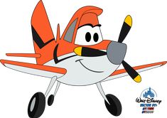 an orange and white cartoon airplane with black wheels on it's nose, flying in the sky