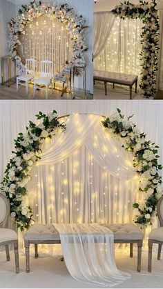 the wedding arch is decorated with white flowers and greenery, surrounded by sheer curtains