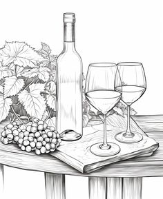 a bottle of wine, two glasses and grapes on a table with a wooden board