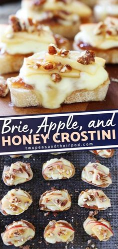 an apple and honey crostini recipe on a baking sheet with the title above it