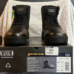 Brand New Magnum Stealth Force, Men’s Black Leather Tactical Boots, Shaft 6 Inch High, Size 9 Wide, Full Grain Leather Upper, 1680 Denier Nylon Mesh, Cambrelle Lining, M-Pact Contoured Footbed With Memory Foam, Nylon And Glass Fibre Shank, Cmeva Midsole, Slip/Oil Resistant Carbon Rubber Outsole. Black Shock Resistant Techwear Hiking Boots, Black Durable Waterproof Techwear Boots, Black Durable Techwear Waterproof Boots, Black Shock-resistant Techwear Hiking Boots, Black Techwear Shock-resistant Hiking Boots, Black Waterproof Durable Techwear Boots, Black Techwear Shock Resistant Hiking Boots, Tactical Shock Resistant Boots For Outdoor Work, Black Techwear Hiking Boots Shock Resistant