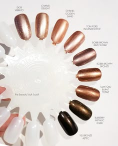 Color Focus | Bronze and Metallic Nail Lacquers | The Beauty Look Book Bronze Dip Powder Nails, Copper Dip Powder Nails, Brown Metalic Nails, Chrome Nails Bronze, Brown Bronze Nails, Copper Brown Nails, Bronze Gel Nails, Metallic Dip Nails, Metallic Brown Nails