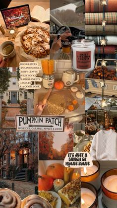 a collage of pictures with pumpkins, candles and other things to eat on the table