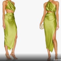 100% Silk Made In China Dry Clean Only Partially Lined Hidden Side Zipper Closure One Shoulder Styling With Ruched Bodice Satin Fabric With Waist Cut-Out And Side Seam Slit Cut Out Dress, Ruched Bodice, Shoulder Cut, Out Dress, Satin Fabric, Side Zipper, Bodice, Colorful Dresses, Cut Out