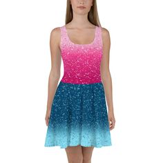 Taylor inspired concert outfit, pink and blue. This cute outfit is great for Halloween, concerts, or Taylor parties.  (Made when ordered.)  *Does NOT have real glitter or sequins, design is printed onto fabric.*  Comes in adult sizes XS up to 3XL.  Dress to impress with this sleeveless skater dress! The soft fabric and flared skirt give it an elegant twist that brings out the intricate design with a beautiful vibrancy. * 82% polyester, 18% spandex * Fabric weight: 6.78 oz/yd² (230 g/m weight may vary by 5% * Smooth and elastic fabric * Mid-thigh length flared skirt * Elastic waistline * Overlock seams, coverstitch hemline * Blank product components sourced from China This product is made especially for you as soon as you place an order, which is why it takes us a bit longer to deliver it t Concert Outfit Pink, Outfit Rosa, Blue Skater Dress, Outfit Pink, Women's Costumes, Flared Skirt, Intricate Design, Spandex Fabric, Flare Skirt