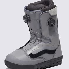 the snowboard boots are grey and black