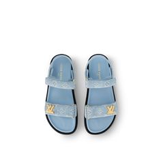 LOUIS VUITTON® - Lv Sunset Flat Comfort Sandal - Light Blue Louis Vuitton Sneakers Women, Lv Slides, Louis Vuitton Watches, Shoes Louis Vuitton, Luxury Sandals, Louis Vuitton Sneakers, Lv Shoes, Spring Sandals, Girly Shoes