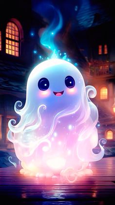 an animated ghost with glowing lights in the dark