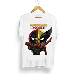 a white t - shirt with the image of deadpool and wolverine in front of it