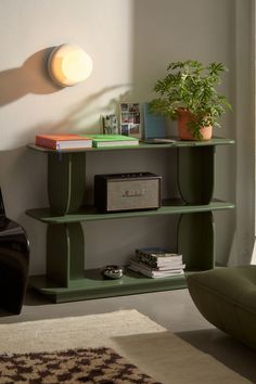 a living room with a green shelf next to a chair and a plant on top of it