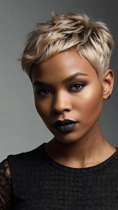 Achieve a glamorous look with pixie cuts that enhance the natural beauty of black women. Visit our site for glam styling tips and tricks. Save this pin for a dose of glamour at your next salon visit. #GlamorousLook #PixieCut #BlackWomenBeauty Bleached Pixie Cut, Professional Black Women, Short Haircuts For Black Women, Short Pixie Cuts, Haircuts For Black Women, Choppy Bob Haircuts, Short Hair Images, Short Hair Pixie Cuts, Short Sassy Hair