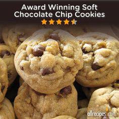 a pile of chocolate chip cookies with the words award winning soft chocolate chip cookies above it