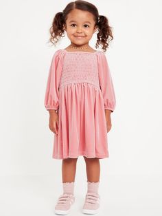 Smocked Velvet Dress for Toddler Girls | Old Navy Velvet Dress Pink, Pink Velvet Dress, Old Navy Toddler Girl, Kids Artwork, Skirt Fits, Toddler Girl Dresses, Long Puff Sleeves, Toddler Girl Outfits, Flared Skirt