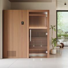 an indoor sauna in the middle of a room