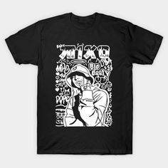 a black t - shirt with an image of a woman holding a baby in her arms