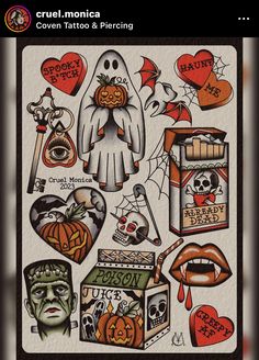 an image of halloween stickers on the back of a cell phone screen, with text that reads cruel monica covered tattoo & piercing