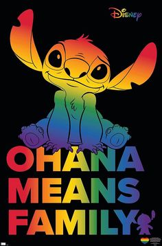 the poster for disney's ohana means family, featuring an image of a baby stitch