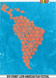 an advertisement for the 8th sydney latin american film festival with orange circles on blue paper