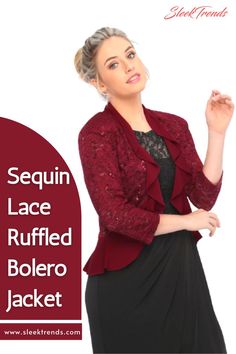 Bolero jacket, Women's bolero jacket, Lace bolero jacket, Ruffled bolero jackets, Evening bolero jacket, Three Quarter Sleeve, Elbow sleeves, Party outfit, Occasion bolero jackets, Fitted Party Shrug With Lace Trim, Fitted Lace Trim Shrug For Party, Fitted Lace Trim Party Shrug, Elegant Party Outerwear With Lace Trim, Fitted Lace Trim Outerwear For Party, Fitted Party Outerwear With Lace Trim, Formal Fitted Lace Outerwear, Elegant Lace Outerwear For Party, Elegant Lace Party Outerwear