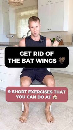 a man sitting on top of a kitchen counter with the words get rid of the bat wings