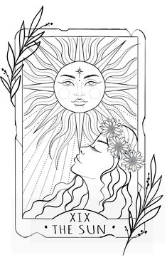 the sun with flowers and leaves on it is shown in black and white, as well as