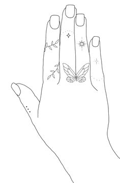 a person's hand with tattoos on it and a butterfly tattoo on the middle finger