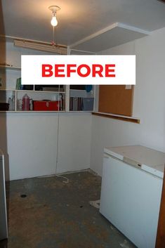 an empty kitchen with the words before and after painted on it's side wall