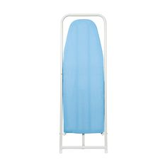 an ironing board with a blue cover on it and a white rack for clothes