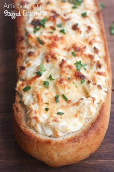 the bread is topped with cheese and parsley