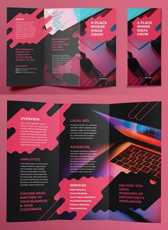 a brochure that is designed to look like an open laptop and has pink accents