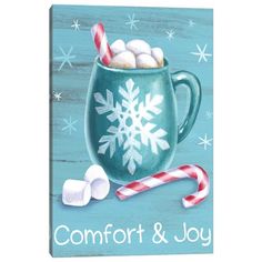 a painting of a mug with marshmallows and candy cane