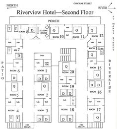 the floor plan for riverview hotel - second floor, which is located on the north side of the river