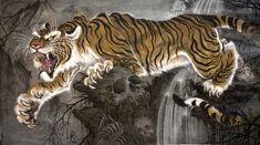 a painting of a tiger leaping over a waterfall with its mouth open and teeth out